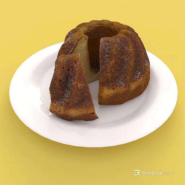 Sliced Bundt Cake On White Plate With Yellow Background And Moist Texture 3d model 