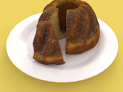 Sliced Bundt Cake On White Plate With Yellow Background And Moist Texture 3d model