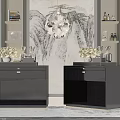 Modern Black Bedside Tables Interior With Vases Decorations Landscape Painting Wall Lamps And Shelves
