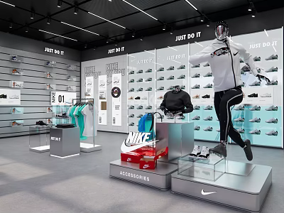 Modern Nike Sports Clothing Store With Mannequin Sneakers Shelves And Accessories 3d model