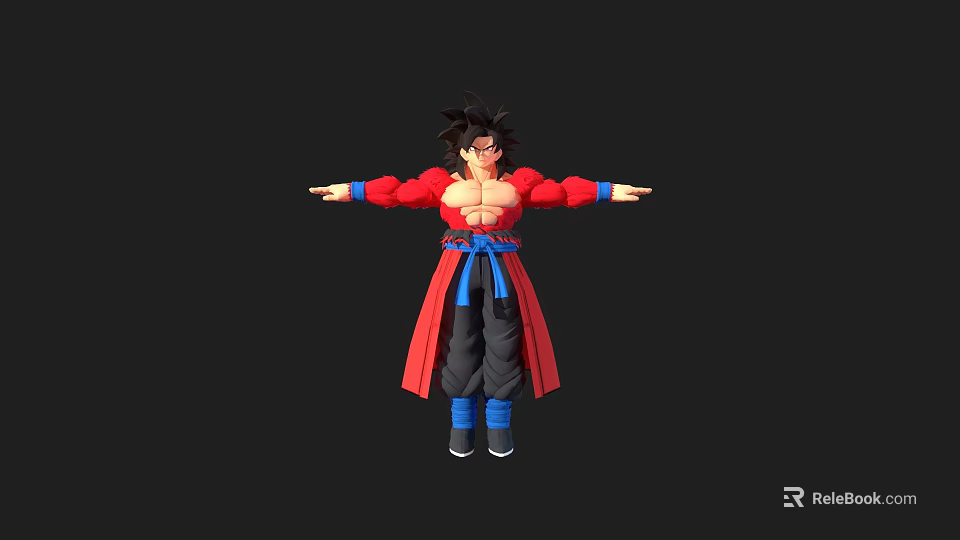 Anime Style Game Movie Character With Spiky Black Hair Red Robe Blue Sash Open Arms 3d model 