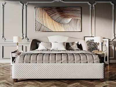 Elegant Double Bed with Quilted Upholstery Decorative Painting Bedside Lamps and Ornate Wall Panels 3d model