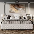 Elegant Double Bed with Quilted Upholstery Decorative Painting Bedside Lamps and Ornate Wall Panels