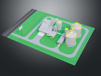 Colorful Cartoon Scene Featuring Green Ground Road Building And Silos Illustration 3d model