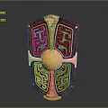 Decorative Shield With Copper Frame Green Ornate Patterns And Central Metallic Sphere