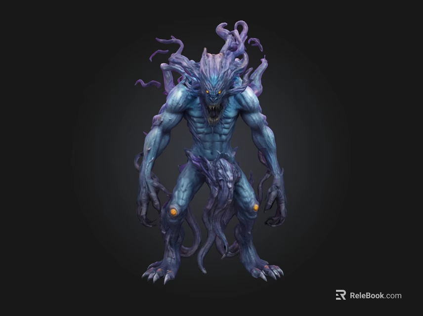 3D Rendered Mythical Blue Monster With Tentacles Muscular Build And Glowing Orbs 3d model 