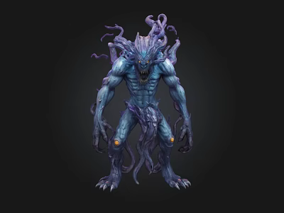 3D Rendered Mythical Blue Monster With Tentacles Muscular Build And Glowing Orbs 3d model
