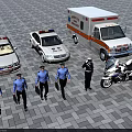 Men In Police Uniforms Walking Near Police Cars Ambulance And Motorcycle
