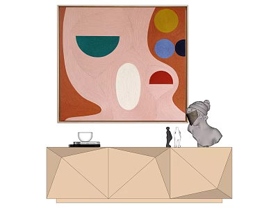 Stylish Living Room Decor With Abstract Painting Console Table White Cup Books And Sculptures 3d model
