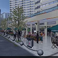 Bustling Commercial Street Featuring Modern High Rise Buildings Outdoor Cafes Trees Shops And Pedestrians