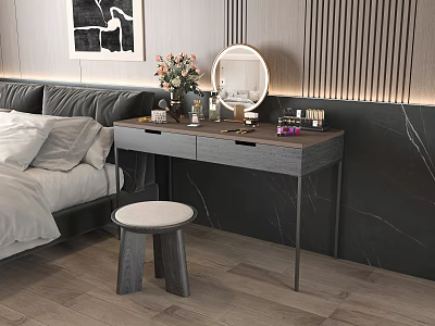 Modern Gray Dressing Table with Round Mirror Flower Vase Cosmetics and Stool in Bedroom Interior 3d model
