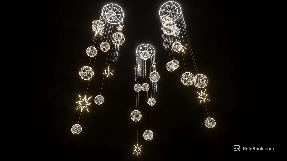 Illuminated Chandeliers Featuring Circular And Star Shaped Decorations Against Black Background 3d model 