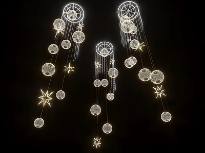 Illuminated Chandeliers Featuring Circular And Star Shaped Decorations Against Black Background 3d model