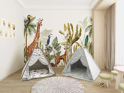 Kids Playroom With Tropical Animal Wallpaper Canvas Tents Small Table Stools And Toys 3d model