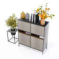 Modern Wooden Cabinet With Decorative Vases Plants And Side Table