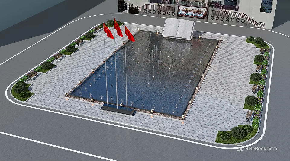 Scenic Square Landscape With Central Fountain Pool Red Flags On Flagpoles And Paved Ground 3d model 
