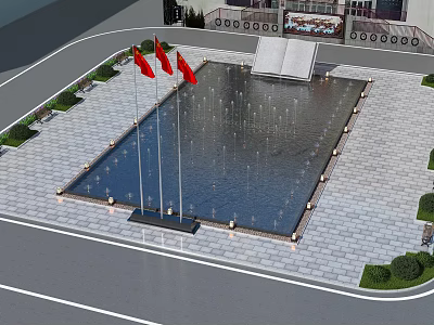 Scenic Square Landscape With Central Fountain Pool Red Flags On Flagpoles And Paved Ground 3d model