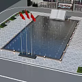 Scenic Square Landscape With Central Fountain Pool Red Flags On Flagpoles And Paved Ground