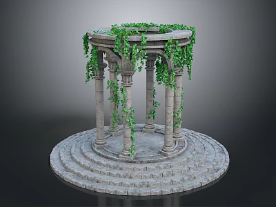 Classic Stone Circular Gazebo With Columns Ivy Vines And Tiered Stone Steps 3d model