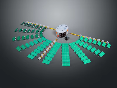 Technical Device Structure With Central White Cylinder And Green Radiating Modules Arrangement 3d model