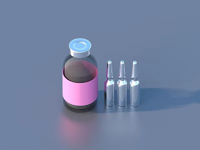 Daily Living Products Including Glass Bottle With Pink Label White Cap And Transparent Ampoules 3d model