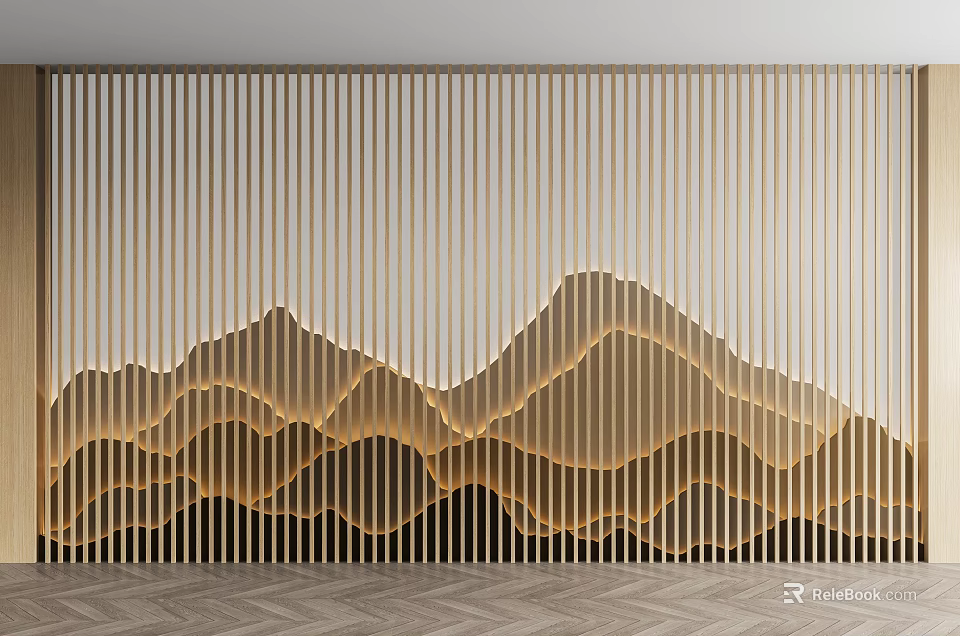 Modern Sofa Background Wall With Mountain Shaped Design And Wooden Slats 3d model 