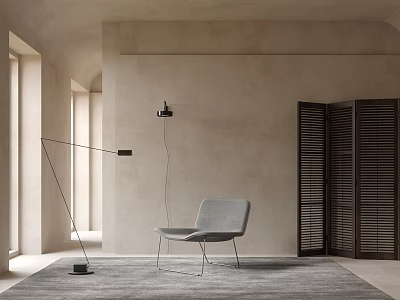 Accent Chair In Modern Minimalist Interior With Beige Walls Gray Rug And Floor Lamp 3d model