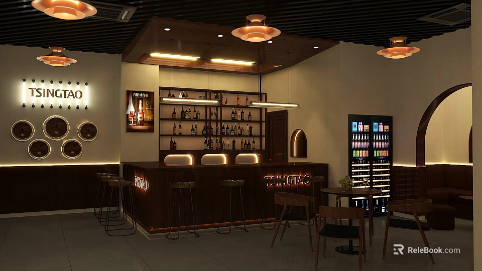 Modern Bar Interior Design With Wooden Counter Shelves Bottles And Seating 3d model 