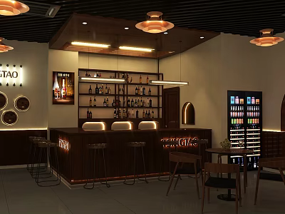 Modern Bar Interior Design With Wooden Counter Shelves Bottles And Seating 3d model