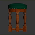 Traditional Wooden Stool With Green Round Padded Seat And Carved Legs