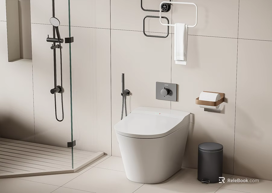 White Modern Toilet in Bathroom Interior with Wall Mounted Towel Rack and Black Trash Bin 3d model 