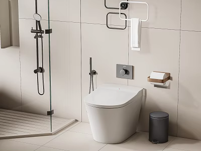 White Modern Toilet in Bathroom Interior with Wall Mounted Towel Rack and Black Trash Bin 3d model