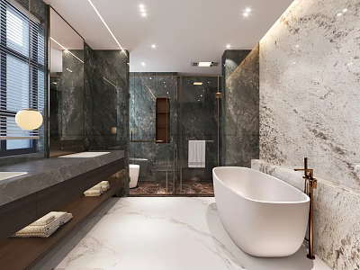 Modern Bathroom Interior Design With Marble Walls Freestanding Bathtub And Vanity Mirrors 3d model