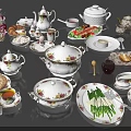 Elegant Floral Porcelain Tableware Set With Teapots Cups Plates And Serving Bowls