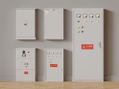 Industrial Gray Electrical Control Panels With Switches Indicators And Danger Labels 3d model