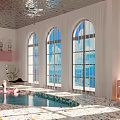 Relaxing Casual Leisure Area With Pink Walls Artworks Silver Ceiling Blue Skylights And Blue Pool