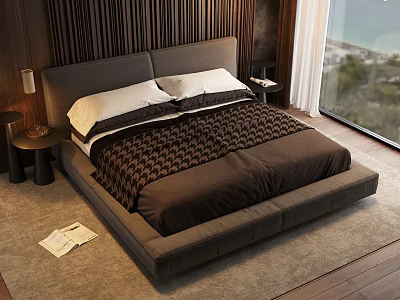 Modern Double Bed With Dark Headboard Geometric Bedding Nightstands And Sea View Window 3d model