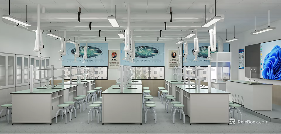 Clean School Science Laboratory With Lab Tables Stools Hanging Lights And Wall Posters 3d model