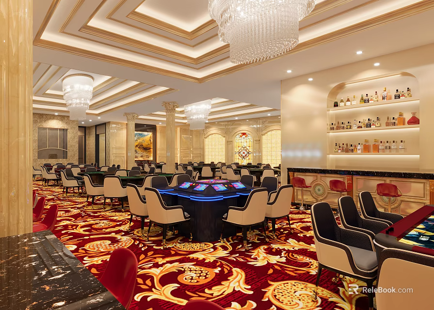 Luxurious Interior Design With Crystal Chandeliers Red Patterned Carpet Tables Chairs And Bar Counter 3d model 