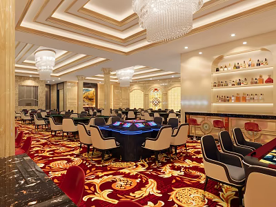 Luxurious Interior Design With Crystal Chandeliers Red Patterned Carpet Tables Chairs And Bar Counter 3d model