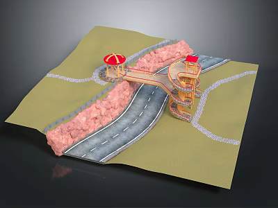 Architectural Model Featuring Curved Road Pedestrian Bridge Stone Walls And Red Canopies 3d model
