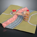 Architectural Model Featuring Curved Road Pedestrian Bridge Stone Walls And Red Canopies