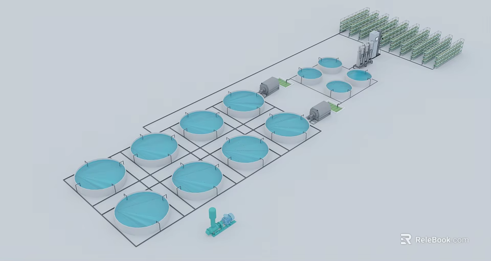 Industrial Equipment Layout With Neatly Arranged Blue Circular Tanks Pipes Pumps And Green Structures 3d model 