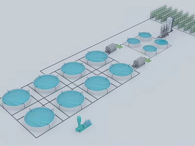 Industrial Equipment Layout With Neatly Arranged Blue Circular Tanks Pipes Pumps And Green Structures 3d model