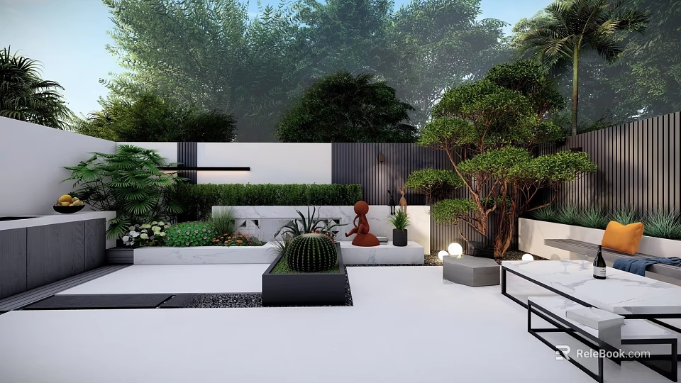 Modern Courtyard Garden With Trees Shrubs White Paving Seating Area And Decorative Lighting 3d model 