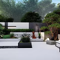 Modern Courtyard Garden With Trees Shrubs White Paving Seating Area And Decorative Lighting