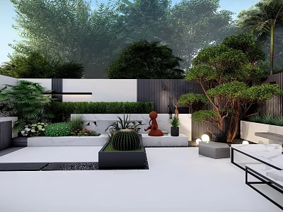 Modern Courtyard Garden With Trees Shrubs White Paving Seating Area And Decorative Lighting 3d model