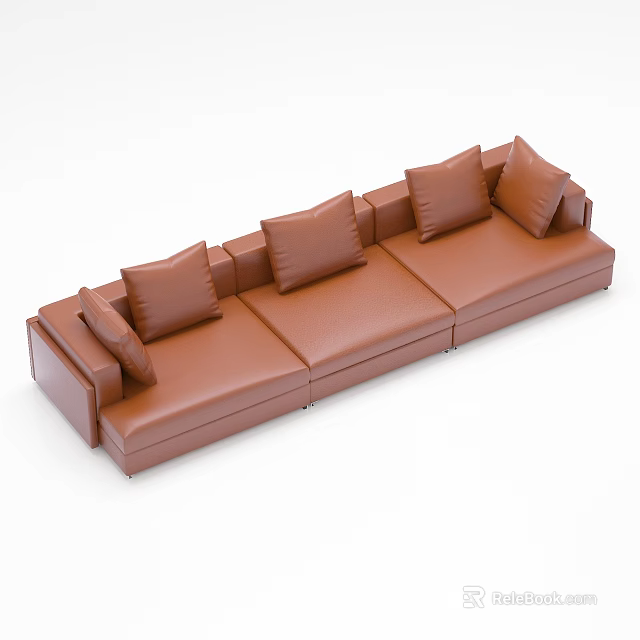 Modern Brown Leather Sectional Sofa With Multiple Pillows And Comfortable Design 3d model