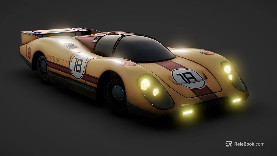 Yellow And Red Striped Vintage Race Car With Number 18 And Illuminated Headlights 3d model 