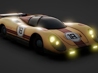 Yellow And Red Striped Vintage Race Car With Number 18 And Illuminated Headlights 3d model